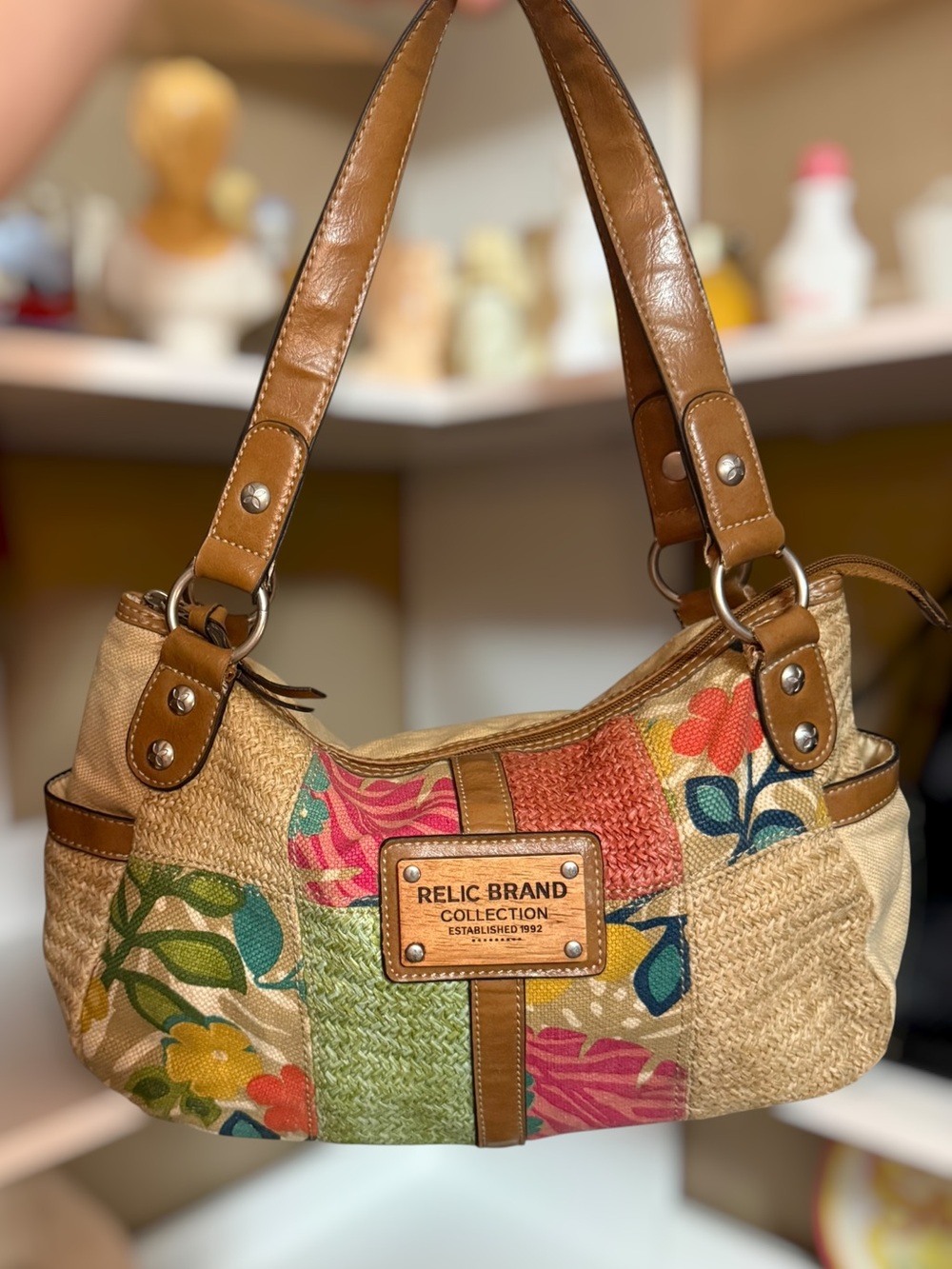 Patchwork Floral Straw Shoulder Bag in Tan Multi